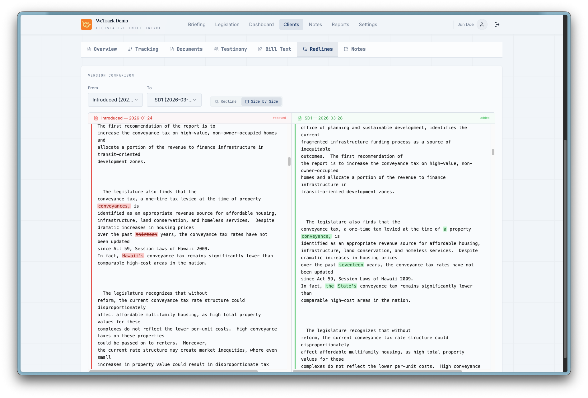 WeTrack redlines view comparing the introduced version of a bill against SD1 side by side, with added and removed language highlighted