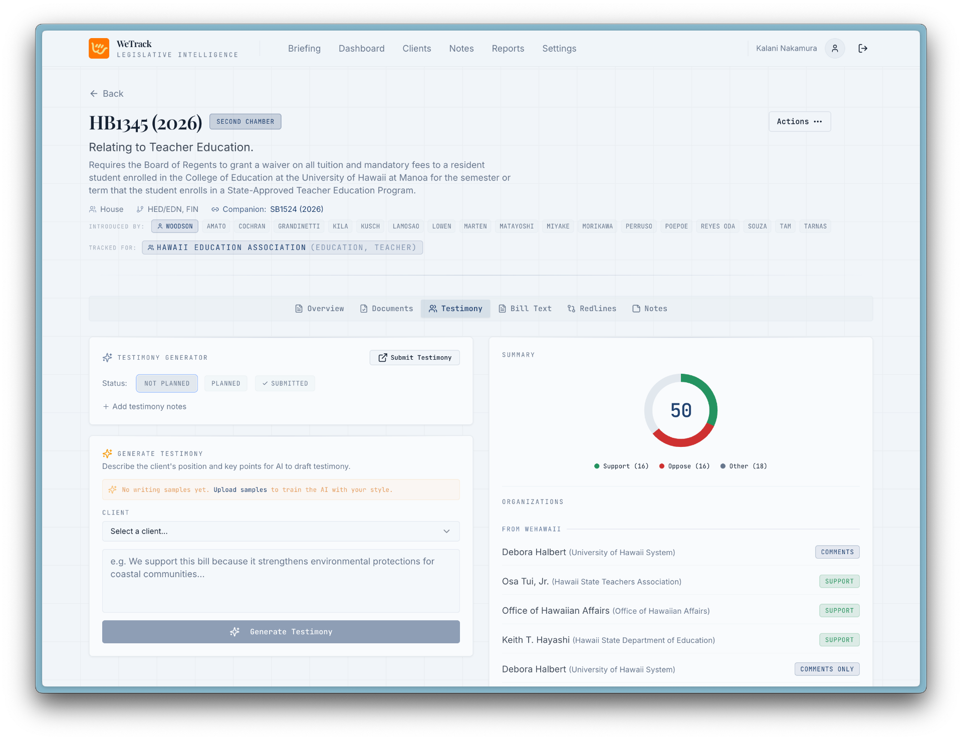 WeTrack platform showing bill HB1345 with testimony generator, sentiment summary, and tracked organizations